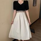 Puff-sleeve Faux Pearl Panel Top / High-waist Plain Skirt