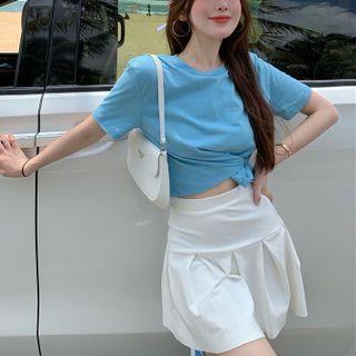 Round-neck Short Sleeve Tie-waist Crop Top