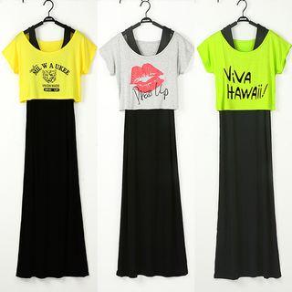 Set: Short-sleeve Print Crop Top + Plain Midi Tank Dress