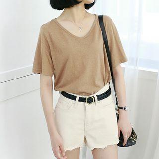 Petite Size - V-neck Linen Blend T-shirt