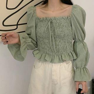 Bell-sleeve Boatneck Smocked Crop Blouse