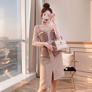 Set: Turtleneck Long-sleeve Top + Asymmetric Pencil Skirt + Houndstooth Knitted Camisole Top
