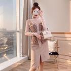 Set: Turtleneck Long-sleeve Top + Asymmetric Pencil Skirt + Houndstooth Knitted Camisole Top