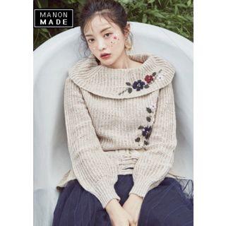 Cowl-neck Flower-embroidered Distressed Sweater