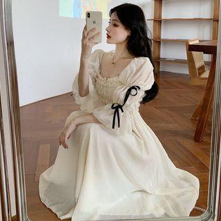 Shirred Bow Midi A-line Dress White - One Size