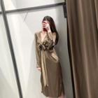 V-neck Tie-front Long-sleeve Midi A-line Dress