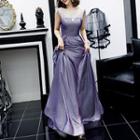 Mesh Panel Glittered Sleeveless A-line Evening Gown
