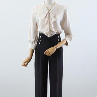 Puff-sleeve Ruffled Blouse / Straight Leg Pants
