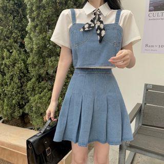 Denim Set : Camisole Top + High-waist A-line Accordion Pleat Mini Skirt / Plain Short-sleeve Shirt
