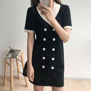 Contrast-trim Double-breasted Knit Dress