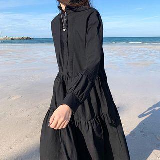 Pintuck Long-sleeve Tiered A-line Midi Dress