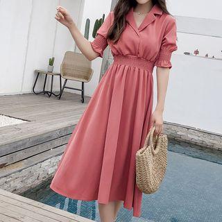 Plain Elbow-sleeve A-line Shirtdress