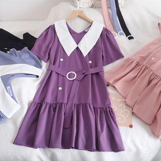 Double-buttoned Ruffle Hem A-line Dress With Belt