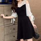 Cold-shoulder Elbow-sleeve Panel Mini A-line Dress