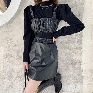 Plain Mock-neck Long-sleeve Top / Faux-leather Sleeveless Top / Faux-leather Mini Skirt