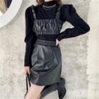 Plain Mock-neck Long-sleeve Top / Faux-leather Sleeveless Top / Faux-leather Mini Skirt