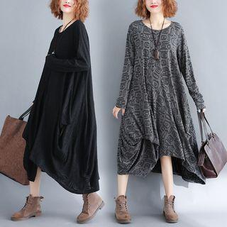 Long-sleeve Pattern Midi A-line Dress