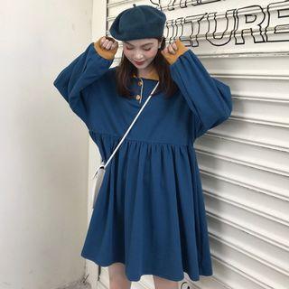 Polo Collar Long-sleeve A-line Dress Blue - One Size