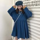 Polo Collar Long-sleeve A-line Dress Blue - One Size