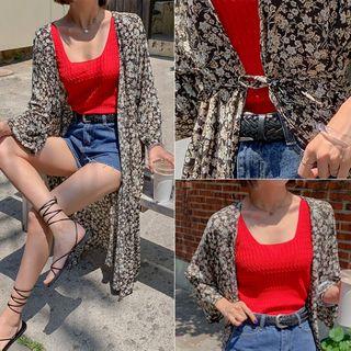 Tie-waist Floral Long Robe Cardigan