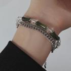 Beaded Layered Chain Bracelet Green Bead - Silver - One Size