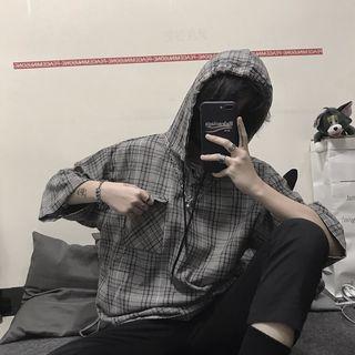 Hooded Short-sleeve Check Loose-fit Top