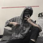 Hooded Short-sleeve Check Loose-fit Top