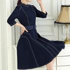 3/4-sleeve Denim Tie Waist Dress