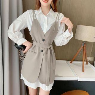 Set: Long Sleeve Plain Shirtdress + Buttoned Pinafore Dress