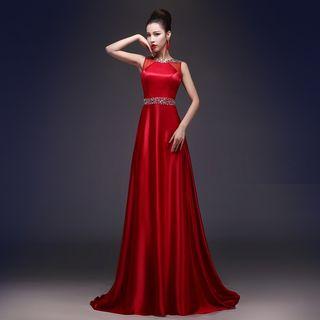 Sleeveless Beaded Satin Evening Gown