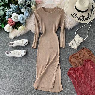Button-detail Slit-hem Long-sleeve Knit Dress