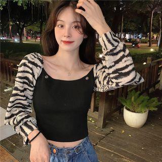 Pattern-sleeve Cold-shoulder Knit Top Black & White - One Size