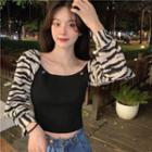 Pattern-sleeve Cold-shoulder Knit Top Black & White - One Size