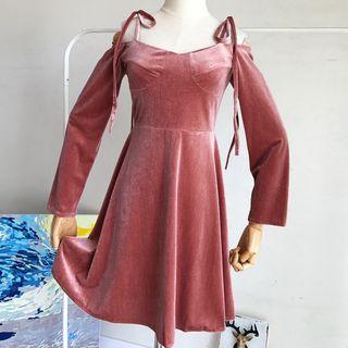 Velvet Off Shoulder Long Sleeve A-line Dress Pink - One Size