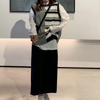 Striped Panel Knit Vest White & Gray - One Size