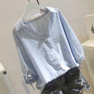 Dotted Button-up Linen Blouse