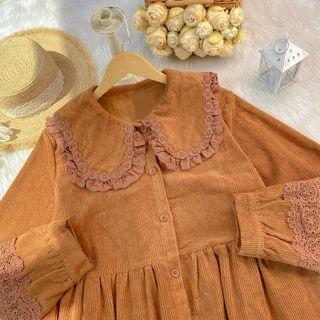 Eyelet Trim Corduroy Midi A-line Shirtdress