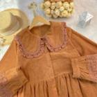Eyelet Trim Corduroy Midi A-line Shirtdress
