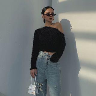 One-shoulder Furry-knit Crop Top