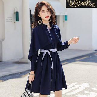 Long-sleeve Cape Tie-waist A-line Dress