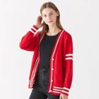 V Neck Striped Cardigan Red - One Size