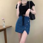 Slit Denim Mini Pencil Skirt / Short-sleeve Blouse
