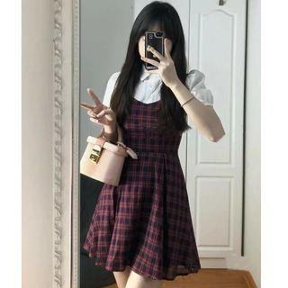 Puff-sleeve Mock Two-piece Plaid Panel Mini A-line Dress
