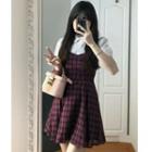 Puff-sleeve Mock Two-piece Plaid Panel Mini A-line Dress