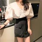 Puff-sleeve Blouse / Asymmetrical A-line Skirt