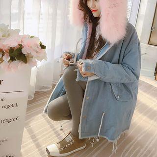 Furry Hooded Zip Denim Jacket