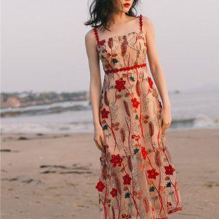 Spaghetti Strap Floral Embroidered Midi A-line Mesh Dress