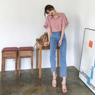 Bell-sleeve Beribboned Ruffle-trim Blouse Pink - One Size