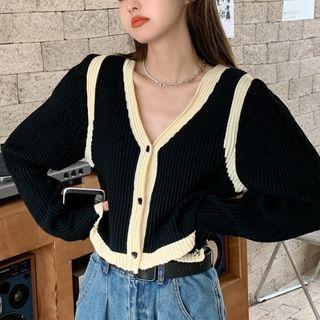 V-neck Contrast Trim Cropped Cardigan Black - One Size