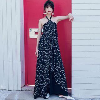 Floral Print Open-back Halter Maxi A-line Dress